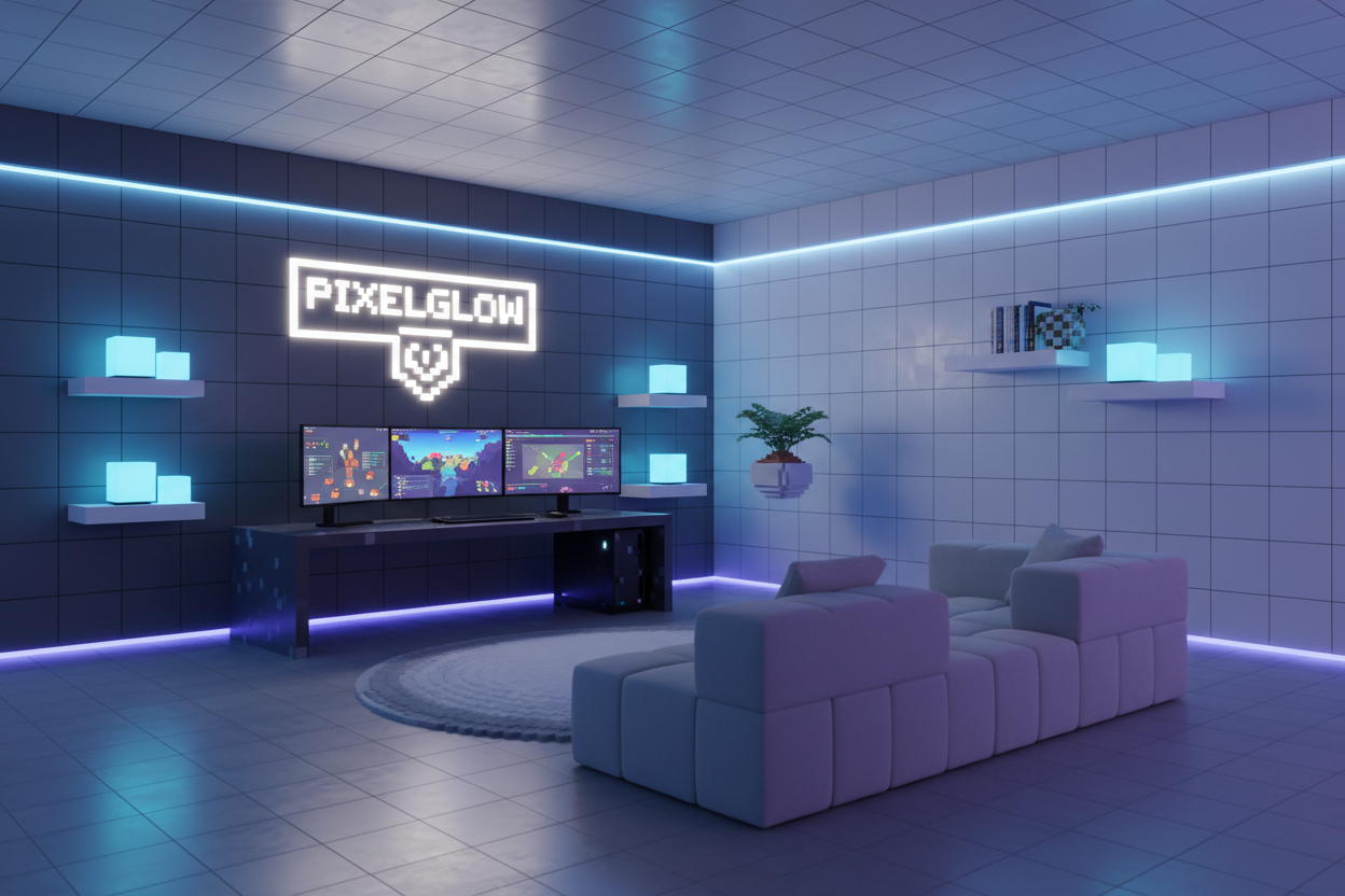 A modern, cozy room interior designed with a sleek pixel-art aesthetic. Soft ambient LED lighting in PixelGlow brand colors (blue, purple, turquoise) illuminating the room. Several pixel-style LED gadgets and cube-shaped lights placed on the walls, shelves, and desk. Clean minimalistic furniture, gentle shadow gradients, and a stylish tech-gamer vibe. Slight futuristic atmosphere, soft focus, warm and cool mixed lighting, high-resolution depth, cinematic composition. Perfect as a website background for a mo